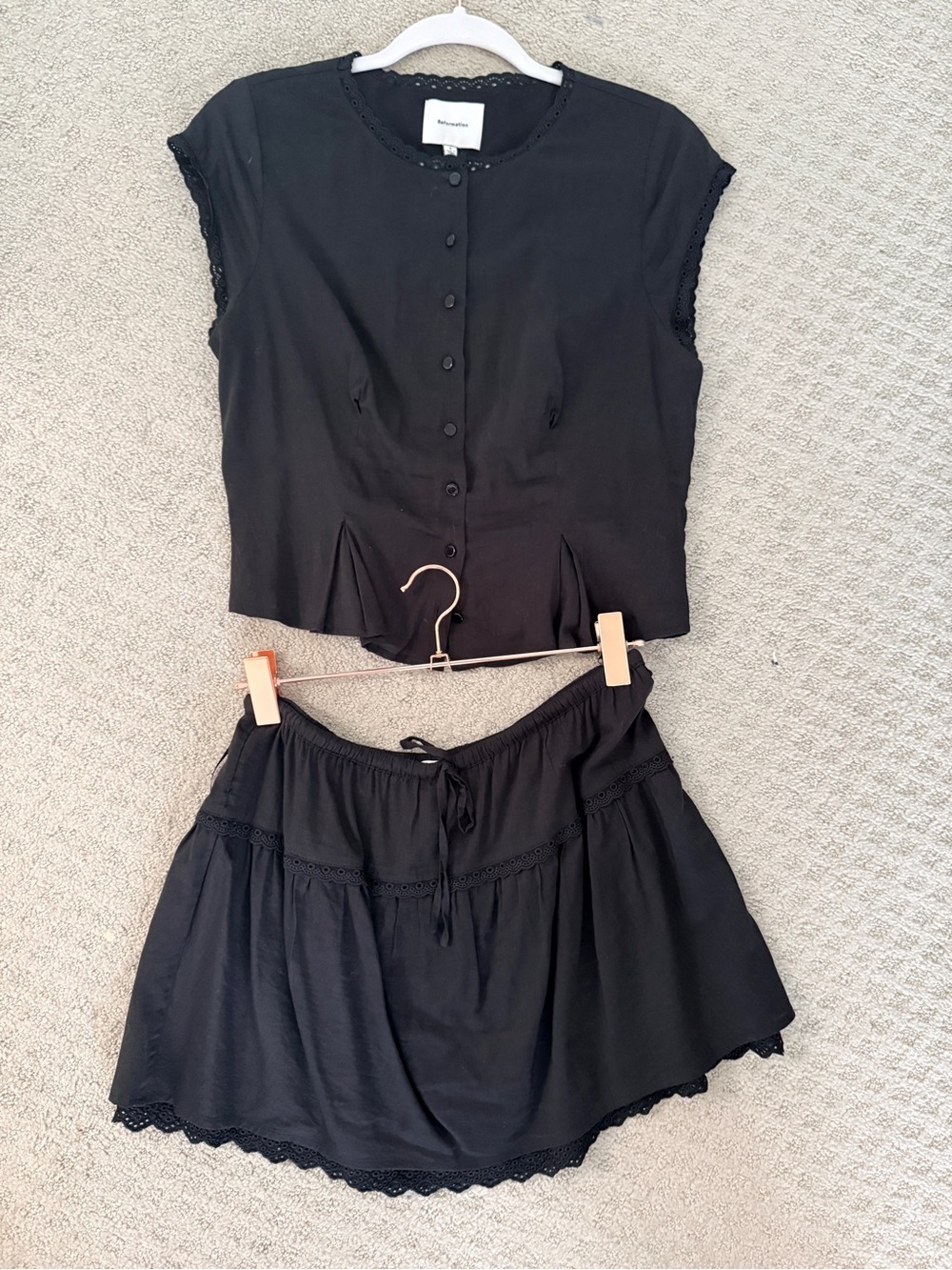Reformation Black Lace-Trim Two-Piece Mini Set